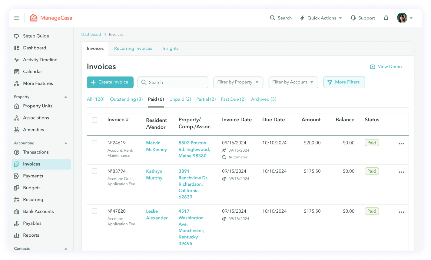 ManageCasa property management accounting—Invoices dashboard with Paid tab, search/filters, and $0-balance paid invoices by resident and property.