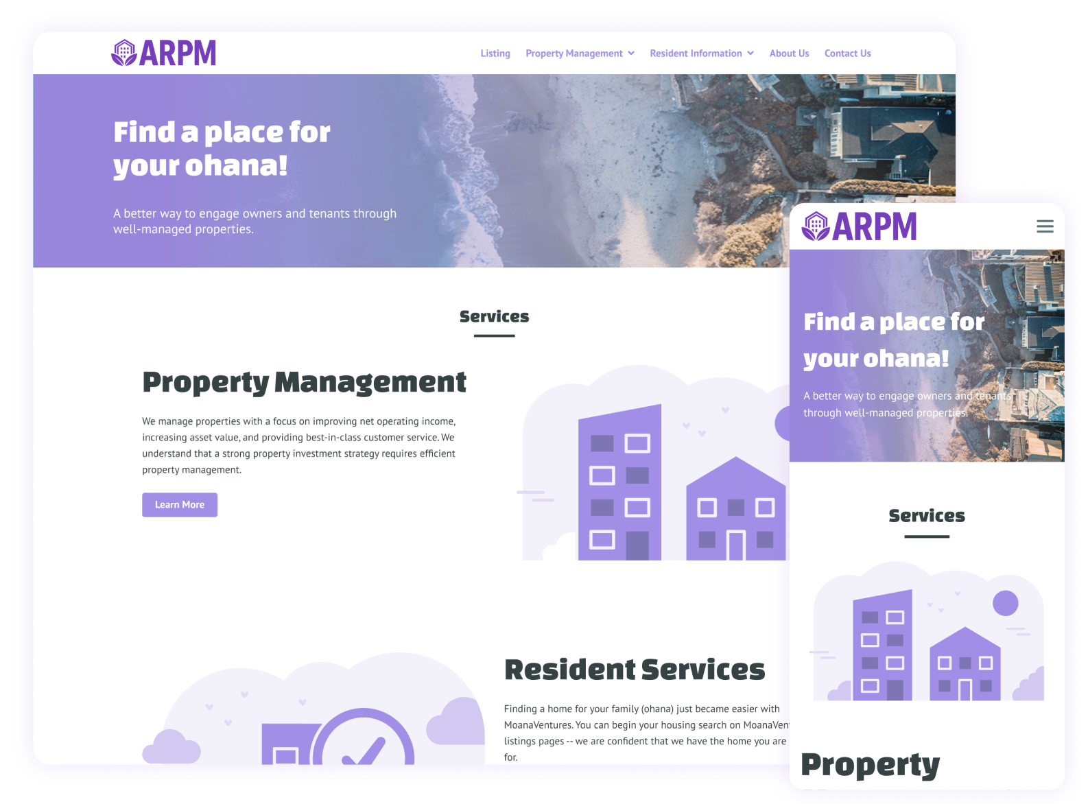Property management marketing website shown on desktop and phone—hero section, services overview, resident services.