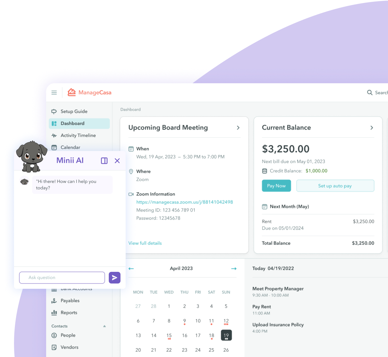 ManageCasa resident dashboard with Minii AI chat open—Upcoming Board Meeting card with Zoom details, Current Balance with Pay Now/Auto Pay, calendar, and today’s tasks.