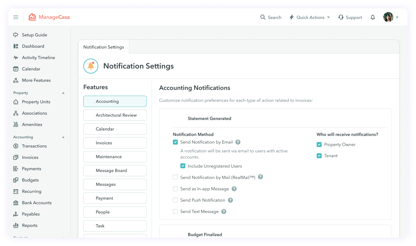 ManageCasa Notification Settings—Accounting: email notifications enabled (including unregistered users) to property owners and tenants, with options for RealMail mail, in-app, push, and SMS.
